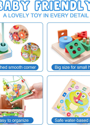 Wooden Activity Cube | Montessori Toys for 1 2 3 Year Old Toddler Gifts | One Year Old 1st First Birthday Gift | Educational Toys for 12+ Months Baby Boys Girls | Bonus Sorting & Stacking Game (Blue)
