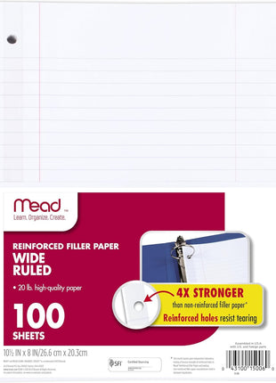 Mead Loose Leaf Paper, Wide Ruled Filler Notebook Paper, Reinforced, 8 inch x 10-1/2 inch, 100 Sheets, Fits 3-Ring Binder (15006)