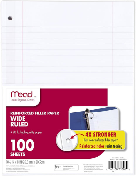 Mead Loose Leaf Paper, Wide Ruled Filler Notebook Paper, Reinforced, 8 inch x 10-1/2 inch, 100 Sheets, Fits 3-Ring Binder (15006)