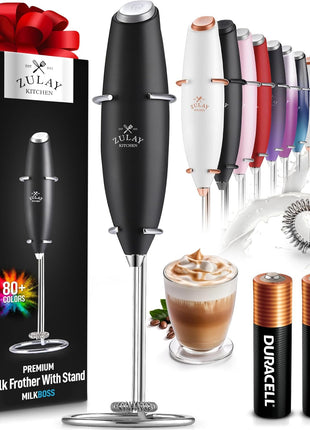 Zulay Kitchen Powerful Milk Frother Wand With Duracell Batteries - Ultra Fast Handheld Drink Mixer - Electric Whisk Foam Maker for Coffee, Lattes, Cappuccino & Matcha - Z1 Motor - Black