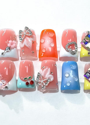 RIICFDD French Press on Nails Orange 5D Flower Art Handmade Duck Nails