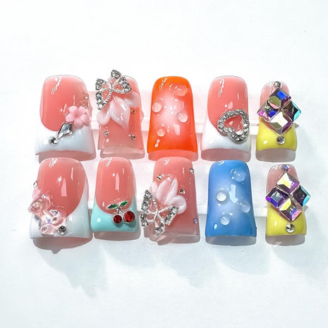 RIICFDD French Press on Nails Orange 5D Flower Art Handmade Duck Nails