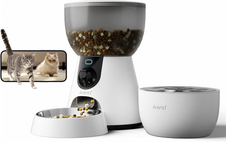 ARENTI Smart Automatic Cat Feeder and Water Fountain, 4L Pet Feeder Cat Food Dispenser with Camera, Dual Power, App Control, Live View & Night Vision, Meal Call, Hygienic Water Flow, Desiccant Bag