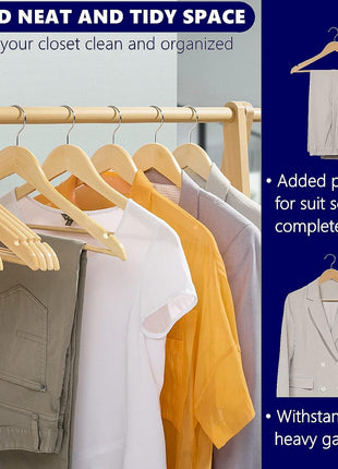 Amber Home 30 Pack Wooden Coat Hangers, Natural Wood Suit Hangers with Non-Slip Pant Bar, Clothes Hangers for Closet Organization, Shirts, Jackets, Dresses, and Pants (Natural, 30)