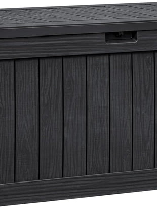 Flamaker Resin Deck Box 120 Gallon Waterproof Large Outdoor Indoor Storage Box Imitation Wood Resin for Patio Furniture Garden Tools and Pool (Black)