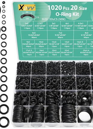 XBVV 1020 Pcs O Ring Kit 20 Size Nitrile Rubber O Ring Assortment Set for Car Auto Vehicle Repair Faucet Plumbing Air or Gas Sealing Connections Resist Oil and Heat