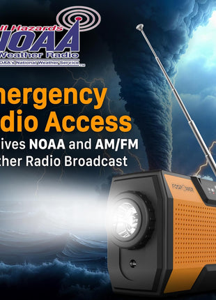 FosPower NOAA Emergency Weather Radio A1 7400mWh Portable Power Bank, AM/FM, USB/Solar/Hand Crank Charging, Battery Operated, SOS Alarm & Flashlight for Indoor/Outdoor Emergency - Orange