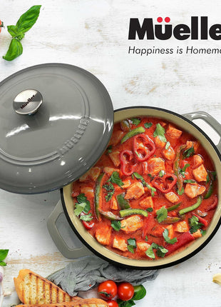 Mueller 6 Quart Enameled Cast Iron Pot Dutch Oven, Heavy-Duty | Oven-Safe up to 500°F & Across All Cooktops, Casserole Dishes for Ovens, Bread Pan with Lid & Knob, Cast Iron Cookware, Grey