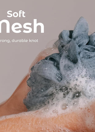 MainBasics Shower Loofah Sponge Pouf, Set of 3, Airy Blossom | Soft Mesh Body Scrubber and Bath Sponge for Gentle Exfoliation, Rich Lather, and Everyday Shower Use