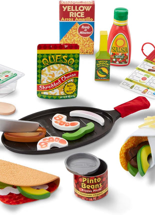Melissa & Doug Fill & Fold Taco & Tortilla Set, 43 Pieces – Sliceable Wooden Mexican Play Food, Skillet, and More - FSC Certified