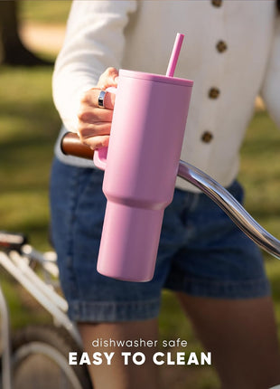 Simple Modern 40 oz Trek Tumbler with Handle and Straw Lid | Cup Holder Friendly Insulated Stainless Steel Travel Mug | Almond Birch