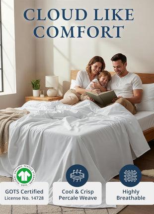 LANE LINEN Queen Sheets 100% Organic Cotton 4pc Percale Cooling - White | Queen Sheet Set, GOTS Certified Organic Cotton Percale - Crisp, Cool & Breathable, For Hot Sleepers, All-Season Comfort