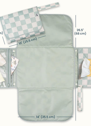 Tiny Twinkle Portable Diaper Changing Pad | Waterproof, Wipeable & Compact Baby Changing Pad for Travel | Smart Wipes Pocket & Organized Storage| Newborn Shower Gift (Sage Checkers)