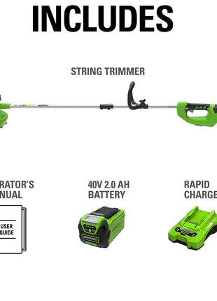 Greenworks 40V 12 Inch Cordless String Trimmer with 2Ah Battery & Charger, Dual Auto Feed Line, Variable Speed, Lightweight Weed Eater, 3 Year Warranty