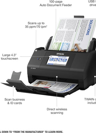 Epson Workforce ES-580W Wireless Color Duplex Desktop Document Scanner | For Computers including PC and Mac 100 Sheet ADF 4.3 in Touchscreen Black