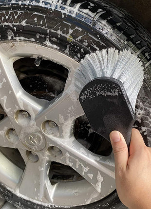 Wheel & Tire Brush for Car Rim, Soft Bristle Car Wash Brush, Cleans Tires & Releases Dirt and Road Grime, Short Handle for Easy Scrubbing Black