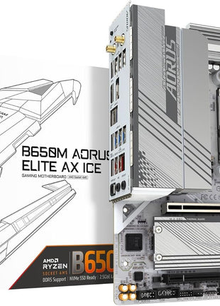 GIGABTE B650M AORUS Elite AX ICE AMD AM5 mATX Motherboard, Support Ryzen 9000/8000/7000 Series, DDR5, 12+2+2 Power Phase, PCIe 5.0 M.2, USB-C 3.2 Gen 2, WIFI6E, 2.5 GbE, EZ-Latch, Q-Flash, RGB Fusion