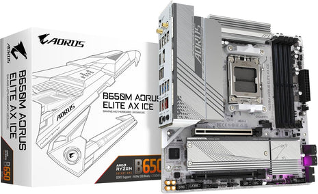 GIGABTE B650M AORUS Elite AX ICE AMD AM5 mATX Motherboard, Support Ryzen 9000/8000/7000 Series, DDR5, 12+2+2 Power Phase, PCIe 5.0 M.2, USB-C 3.2 Gen 2, WIFI6E, 2.5 GbE, EZ-Latch, Q-Flash, RGB Fusion
