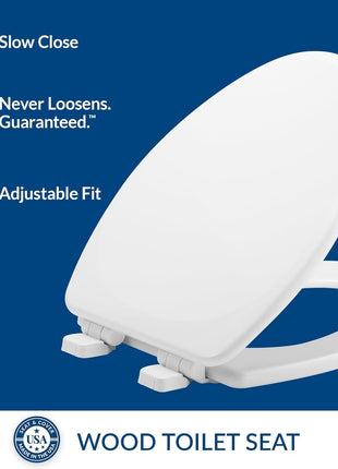 Mayfair Linden Slow Close Toilet Seat, Non Slip Heavy Duty Wood, Easy Install, Elongated, White