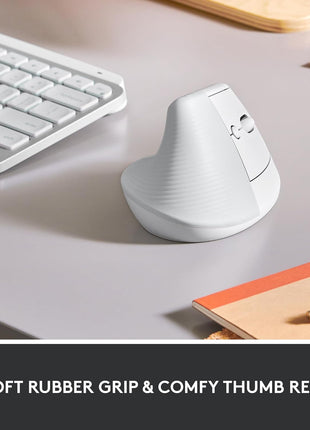 Logitech Lift Vertical Ergonomic Wireless Mouse - Off White | Connect via Bluetooth or included Logi Bolt USB-A receiver, quiet clicks, 4 of 6 buttons customizable, Windows Mac compatible