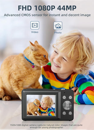Digital Camera, FHD 1080P Digital Point and Shoot Camera with 16X Zoom Anti Shake, 32GB Card, Compact Small Camera for Boys Girls Kids, Black