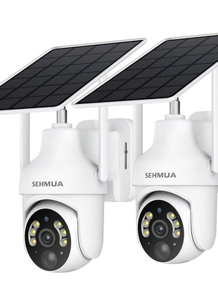 SEHMUA 2K Solar Security Cameras Wireless Outdoor, 2 Pack 360° View Pan/Tilt WiFi Security Camera Outside with Color Night Vision,Easy to Install, PIR Alarm, 2-Way Audio