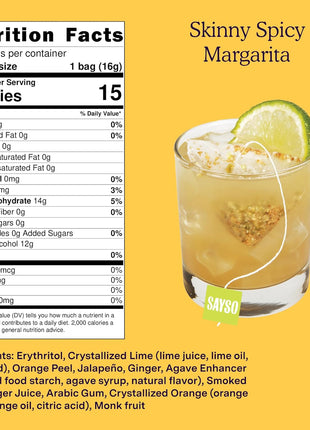 SAYSO Skinny Spicy Margarita Original Cocktail Tea Bag | Cocktail or Mocktail in Under 1 Min, Without Hot Water, <1G Sugar, 20 Calories, Non-GMO, Gluten-free, Kosher & Vegan Mixer, 8 count