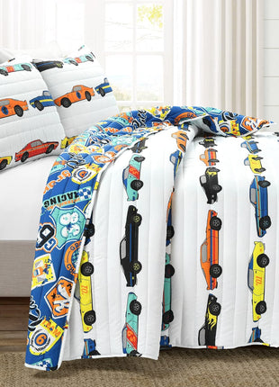Lush Decor Race Car Kids' 3-Piece Quilt Bed Set, Reversible Bedding Set for Boys, White, Full/Queen