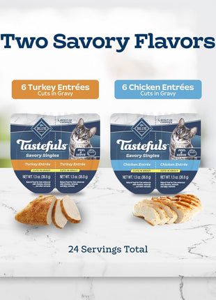 Blue Buffalo Tastefuls Savory Singles Variety Pack, 2.6 oz, 12 ct | Wet Cat Food in Gravy, Twin-Pack Trays, Chicken/Turkey Entreés, Perfectly Portioned