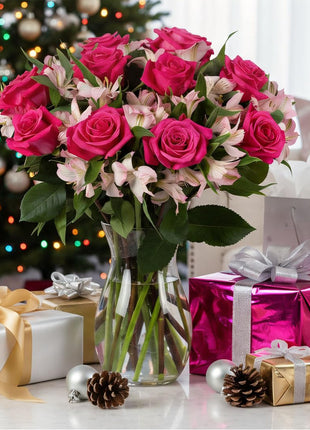 Benchmark Bouquets - Charming Roses & Alstroemeria (Glass Vase Included) - Fresh Flowers for Delivery - Gift for Graduation, Birthday, Anniversary, Sympathy, Get Well, Congratulations