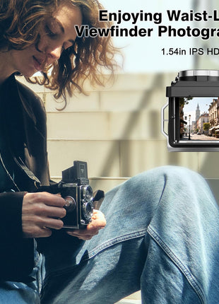 CHUZHAO Vintage Mini Digital Camera, Portable TLR Style Retro Point and Shoot Compact Small Pocket 1080P FHD Video 12MP Autofocus Vlogging Camera with 16 GB Card for Beginners Teens Adults Black