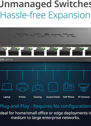 D-Link DGS-108, 8 Port Gigabit Ethernet Switch Unmanaged, Network Splitter, Silent Fanless, Network Hub, Sturdy Metal with Shielded Ports, Compact Desktop/Wall Mount, QoS, Energy Saving, Plug and Play
