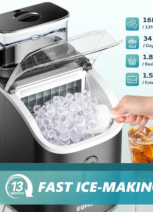EUHOMY Ice Cube Maker Machine Countertop with External Water Tank, 2 Ways to Add Water, 34Lbs/Day, 16Pcs Ready in 7 Mins, Auto-Cleaning, with Ice Scoop & Basket, for Home/Kitchen/Office/Bar (Black)