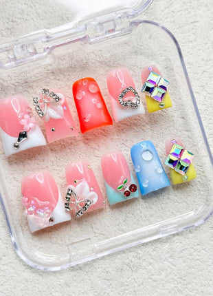 RIICFDD French Press on Nails Orange 5D Flower Art Handmade Duck Nails