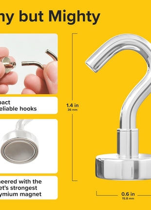 Magnetic Hooks 27lbs/12kg (Pack of 6 Silver) - Heavy Duty Neodymium Hooks for Outdoor & Backyard Use - Strong Rare Earth Magnets for Cruise Cabins - Magnetic Hooks for Kitchen & Refrigerators