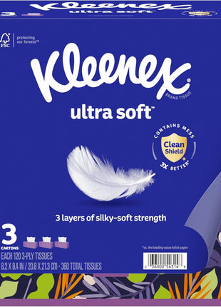 Kleenex Ultra Soft Facial Tissues, 3 Flat Boxes, 120 Tissues per Box, 3-Ply (360 Total), Packaging May Vary