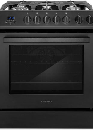 30 in. Nebula Coll 5.0 cu. ft. 5 Burner Gas Range, Convection, Matte Black | Cosmo COS-305AGC-BK Cast Iron Grates, Digital Display with Timer, Metal Knobs, Liquid Propane Convertible, Wok Ring