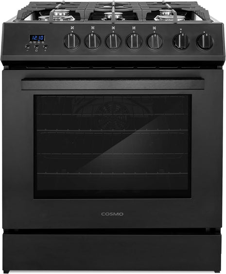 30 in. Nebula Coll 5.0 cu. ft. 5 Burner Gas Range, Convection, Matte Black | Cosmo COS-305AGC-BK Cast Iron Grates, Digital Display with Timer, Metal Knobs, Liquid Propane Convertible, Wok Ring