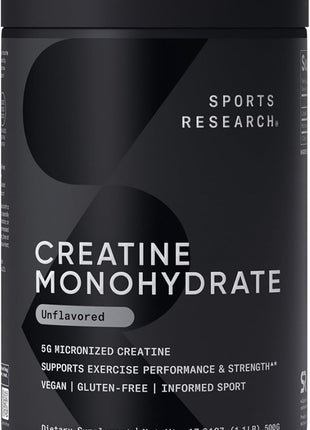 Sports Research® Creatine Monohydrate Powder 5g, Unflavored (100 Servings) | Micronized Creatine Supporting Lean Muscle, Performance & Workout Recovery | Informed Sport, Non-GMO, Gluten-Free