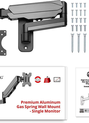 SIIG Aluminum Single Arm Gas Spring Monitor Wall Mount - Heavy Duty Hold 17 inch to 32 inch Screens, Up to 19.8 lbs, VESA 75x75 or 100x100 (CE-MT2L12-S1)