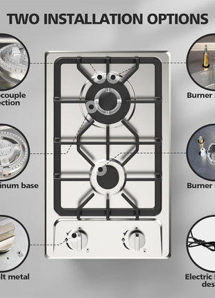 Gas Stove 2 Burner, Propane Cooktop 12 inch, Nafewin Portable Gas Cooktop Stainless Steel Stove Burner with Thermocouple Protection, Lpg/Ng Dual Fuel Built-in Hob for Apartments, Outdoor, Rvs