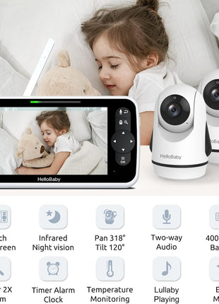 HelloBaby Video Baby Monitor with Upgraded 6inch IPS Large Screen, Split Screen with 2 Cameras, Night Vision and Temprature Monitoring, Remote Pan-Tilt-Zoom Camera, No-WiFi