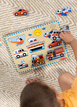 Melissa & Doug Vehicles Sound Puzzle - Wooden Peg Puzzle with Light-Activated Sound Effects (8 pcs) Puzzles for Toddlers, Wooden Puzzles for Kids Ages 2+ (Pack of 12)