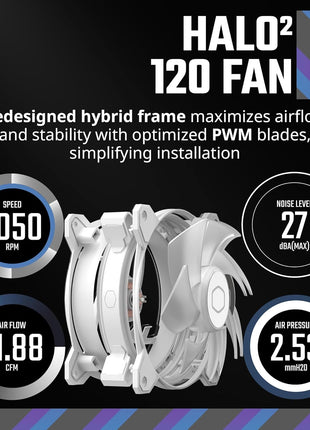 Cooler Master MF120 Halo2 White PC Case|Liquid Cooler|Air Cooler Fan, 120mm Fan, Dual-Loop aRGB Rings, Dynamic PWM 2,050 RPM, Air Balance Blades, aRGB Lighting, Hybrid Frame