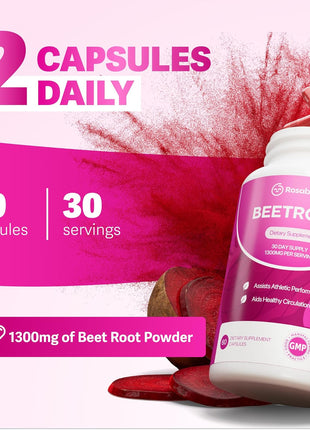Rosabella Organic Beet Root Capsules - 1300mg Beet Root Powder Aids Healthy Circulation & Vitality, Non-GMO, Beet Root Supplement - 60 Capsules, 30-Day Supply