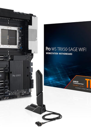 ASUS Pro WS TRX50-SAGE WIFI CEB Workstation motherboard, AMD Ryzen Threadripper PRO 7000 WX,ECC R-DIMM DDR5, 36 power-stage, WiFi 7,PCIe 5.0 x 16,PCIe 5.0 M.2, 10 Gb and 2.5 Gb LAN, multi-GPU support.