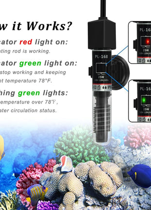 PULACO 25W Small Aquarium Submersible Betta Heater with Free Thermometer Strip, Under 6 Gallon Fish Tanks (Preset Temperature 78芒聞聣)