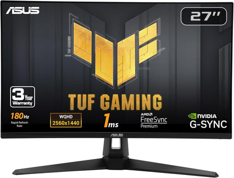 ASUS TUF Gaming 27" 1440P HDR Monitor (VG27AQ3A) – QHD (2560 x 1440), 180Hz, 1ms, Fast IPS, 130% sRGB, Extreme Low Motion Blur Sync, Speakers, Freesync Premium, G-SYNC Compatible, HDMI, DisplayPort