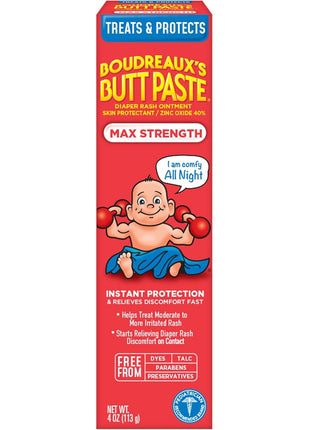 Boudreaux's Butt Paste Max Strength Diaper Rash Cream for Baby, Ointment With Zinc Oxide, 4 oz Tube