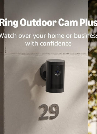 Ring Outdoor Cam Plus, Battery (newest model), Home or business security, Wide-Angle 2K Video with Ring Vision, Low-Light Sight for full-color night vision, Mount-Anywhere Versatility, Black